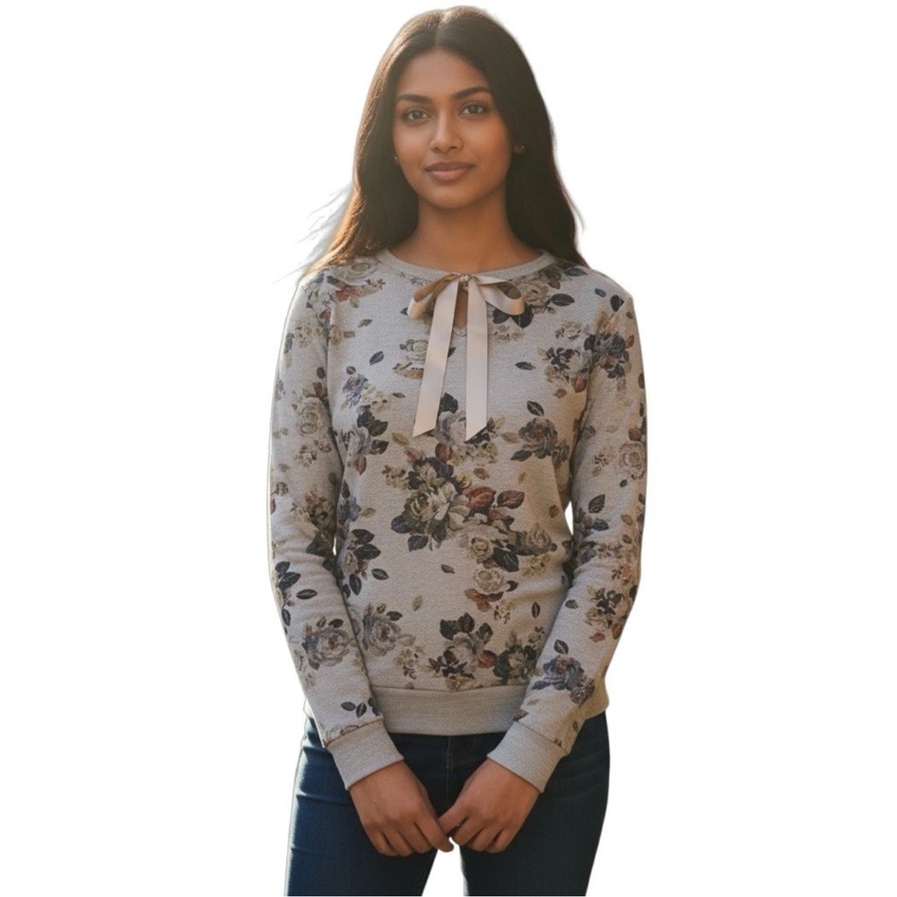 OLIVIA MOON M Gray Burgundy Navy Floral Sweatshirt Satin Bow R $69